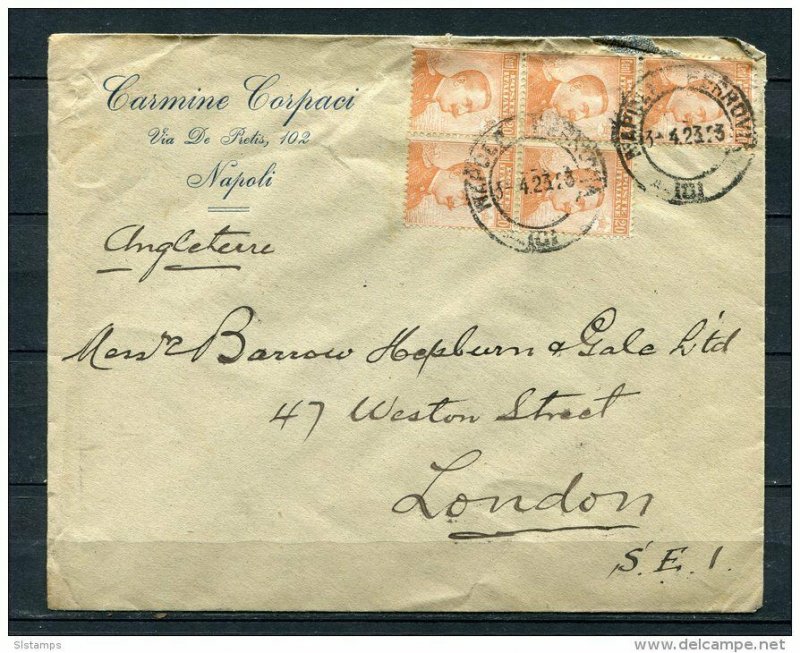 Italy 1923  Cover to London  UK  Single Usage Block of 5