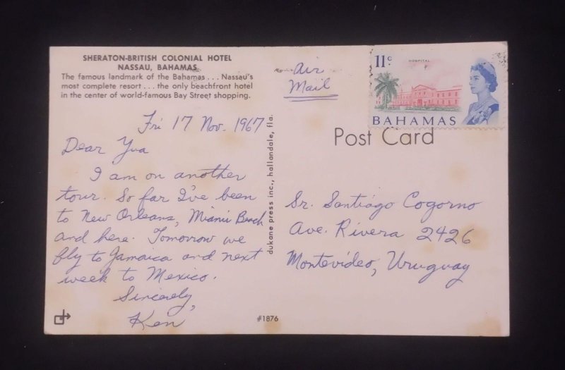 D)1967, BAHAMAS, POSTCARD SENT TO URUGUAY, AIR MAIL, WITH STAMP, QUEEN