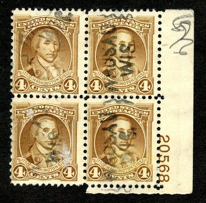 U.S. Scott 709 4-Cent Washington Bicentennial Used Plate Block 