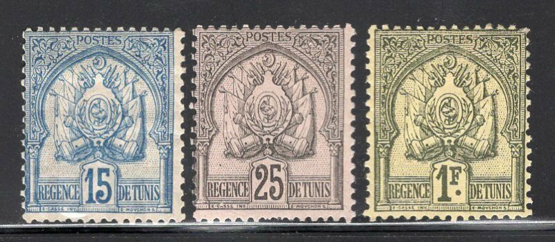 Tunisia 1888 Coat of Arms Dotted 15c Blue, 25c Black, 1Fr Mint #15,18,24 CV$110