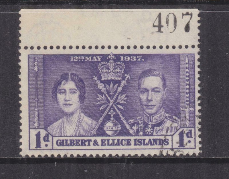 GILBERT & ELLICE ISLANDS, 1937 Coronation 1d. Violet, Sheet # 407, used.