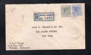 Bahamas 1939 Registered cover to NY franked 2p & 2 1/2p George VI, Scott 103-104