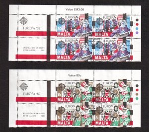 Malta   #614-615    used  1982  Europa  in cornerblocks of 4