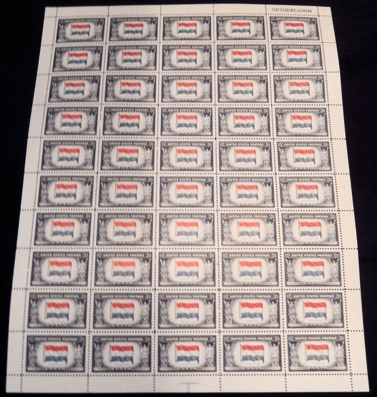 US #913 Netherlands, Sheet of 50, F/VF to XF mint never hinged, Overrun Count...