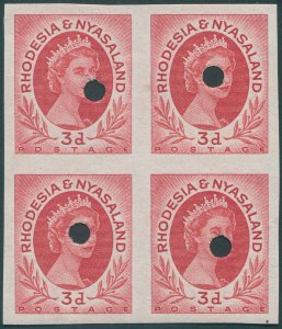 Rhodesia & Nyasaland 1954 3d carmine-red Imperf plate proofs SG4var MNH block x4