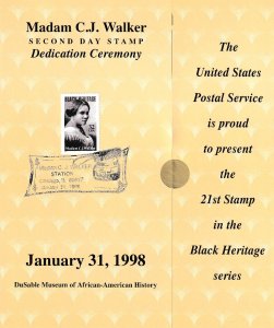 USPS  2nd Day Ceremony Program #3181 C2 Madam C J Walker Black Heritage 1998