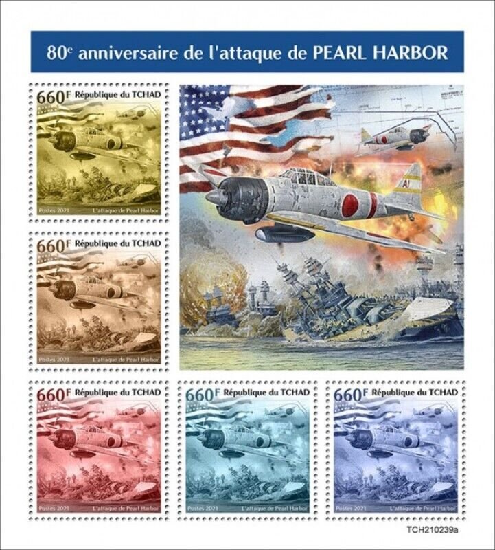 Chad - 2021 Pearl Harbor Anniversary - 5 Stamp Sheet - TCH210239a