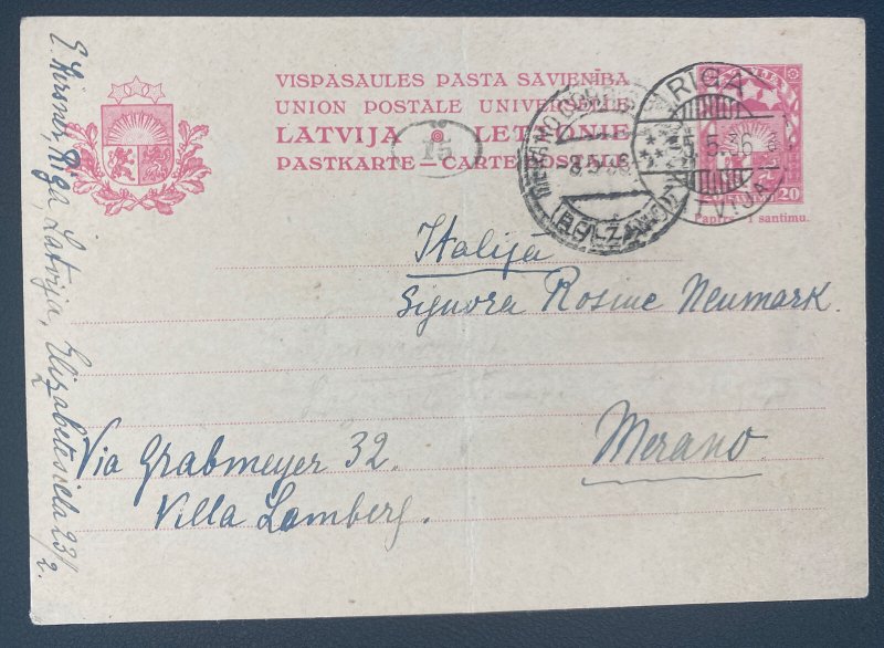 1936 Riga Latvia Postal Stationery Postcard Cover To Merano Italy