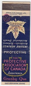 Canada Revenue 1/5¢ Excise Tax Matchbook THE PROTECTIVE ASSOCIATION OF CANADA
