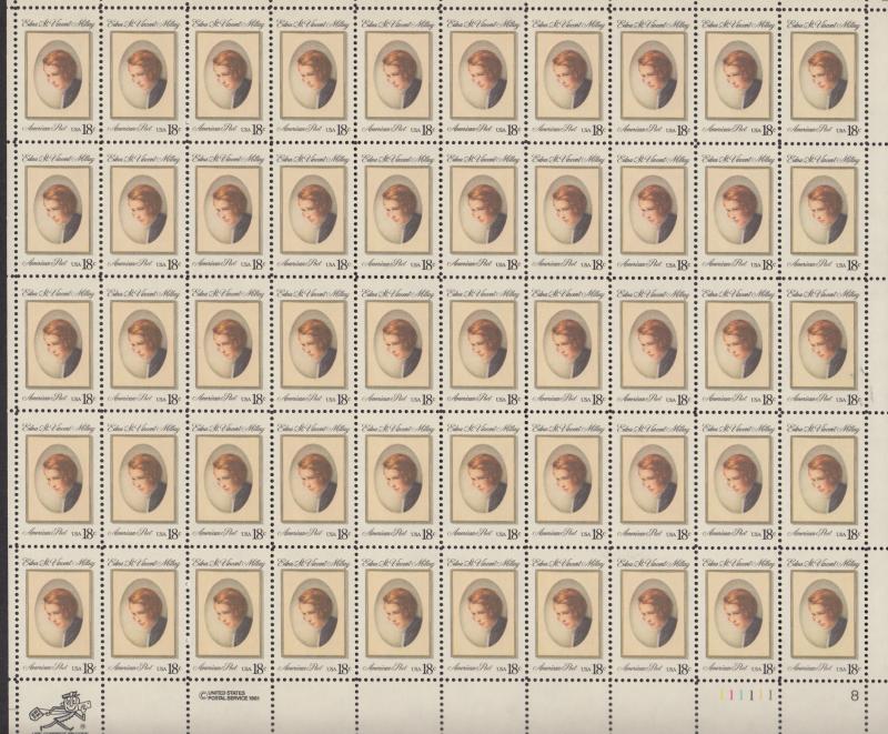 US #1926  Edna St.Vincent Milay  Full sheet of 50-MNH