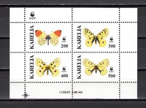 Karjala, R93-R96. Butterflies sheet of 4. W.W.F. Logo.