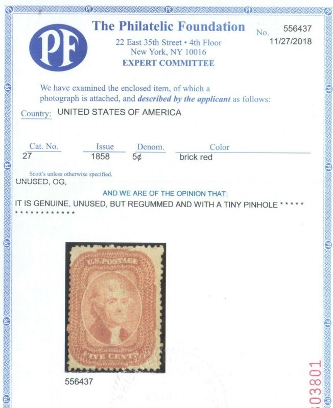 USA #27 Mint Fine Artfully Regummed Hinged **With Certificate**