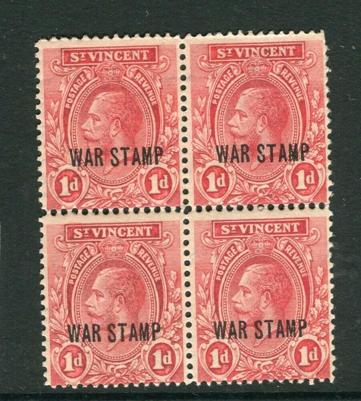 ST. VINCENT; 1918 early GV WAR STAMP Optd. issue 1d. mint hinged Block