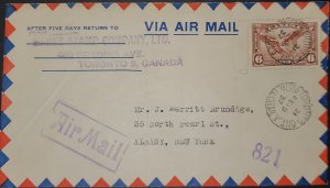 1937 Canada Airmail Cover #C5 Sent To NY From Toronto Double CDS