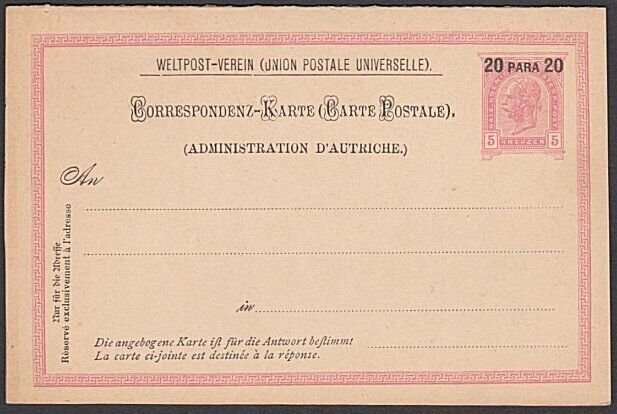 AUSTRIA LEVANT 10 para opt postcard + attached reply card fine unused......57678