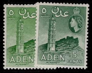 ADEN QEII SG48 + 49, 5c SHADE VARIETIES, NH MINT. Cat £3.2.