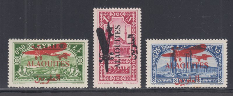 Alaouites Sc C17-C19 MLH. 1929 Air Post w/ red Airplane overprints, cplt set, VF