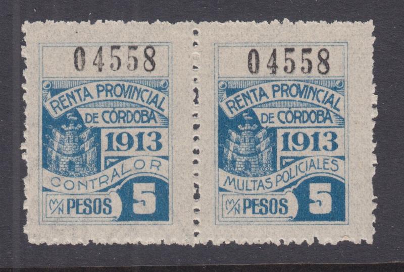 Argentina, Cordoba, 1913 5p blue Police Tax Fiscal se-tenant pair, scarce