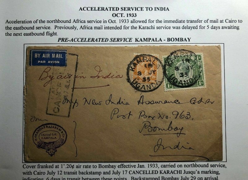 1933 Kampala Uganda KUT Accelerate Service Airmail Cover To Bombay India