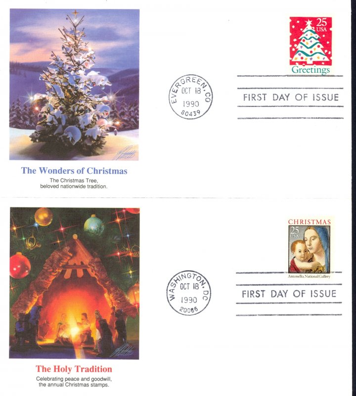 USA Sc# 2514-2515 (Fleetwood) FDC Set/2 1990 10.18 Christmas