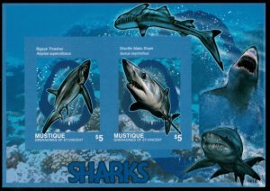 Mustique 2014 - Sharks - IMPERF Souvenir Stamp Sheet - MNH