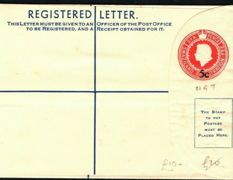 SWAZILAND QEII Unused Registered Postal Stationery 5c Overprint on 6d HG7 PB326