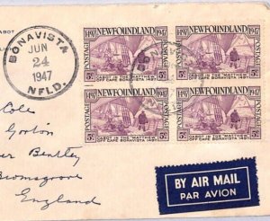 Canada NEWFOUNDLAND FDC Air Mail Bonavista JOHN CABOT 1947 *BLOCK* Franking YN63