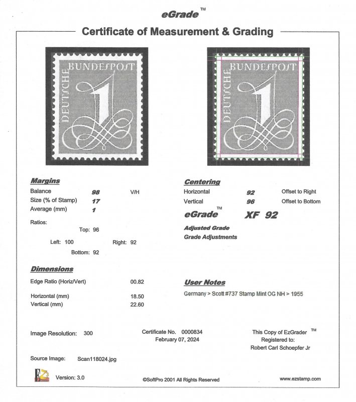 Germany #737 1pf Numeral (1955) Stamp Mint OG NH EGRADED XF 92 XXF