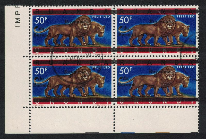 Burundi Lions Ovpt 50F Corner Block of 4 1963 Canc SG#25 MI#24 I SC#24 CV£11.-