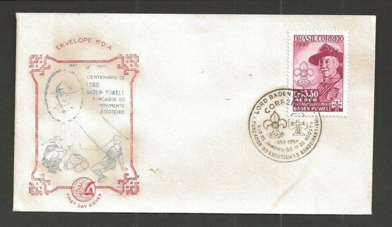 1957 Brazil Scout C87 FDC Baden Powell Centenario cachet 2