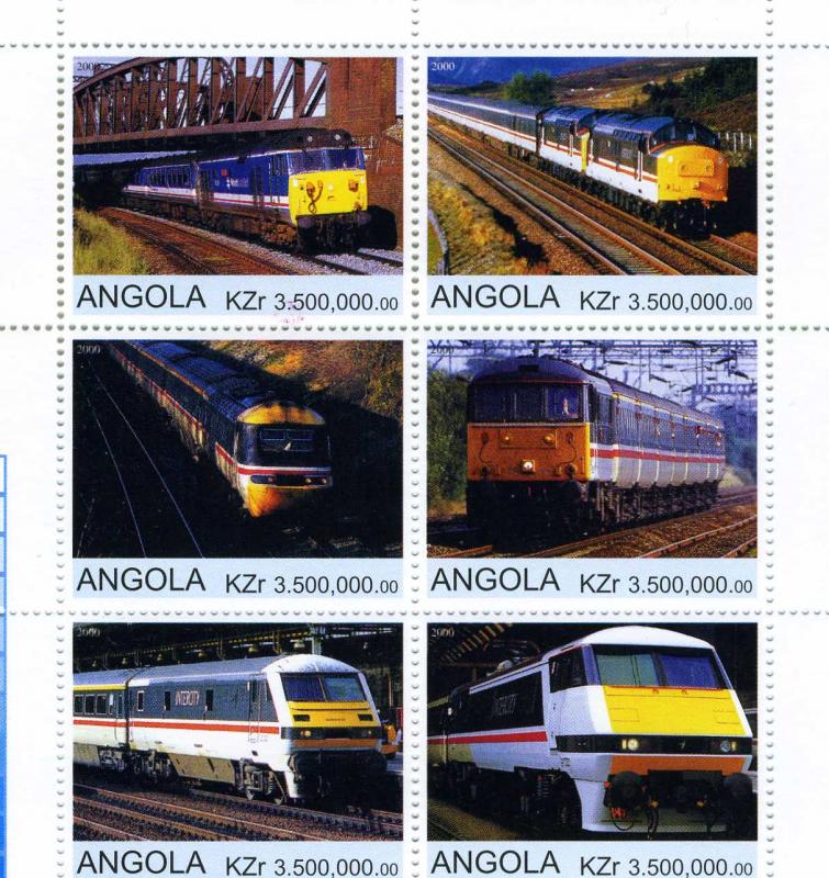 Angola 2000 TRAINS LOCOMOTIVES Sheet (6) Perforated Mint (NH)