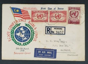 1958 Penang Malaya to Bangkok Thailand Kuala Lampur Registered First Day Cover