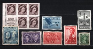 CANADA 1935- 1959 SMALL COLLECTION SET OF 7 STAMPS & BOOKL. PANE OF 5 STAMPS MNH