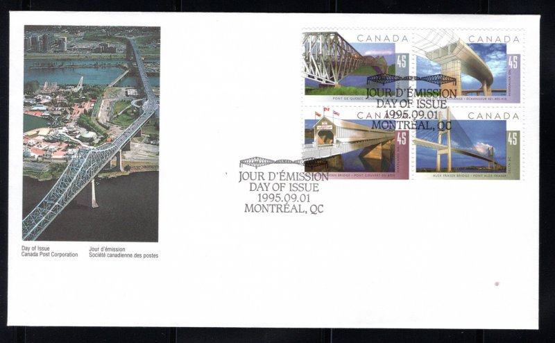 Scott 1573aT1,45c, UNTAGGED ERROR block of 4 on FDC, EFO, Bridges, Canada