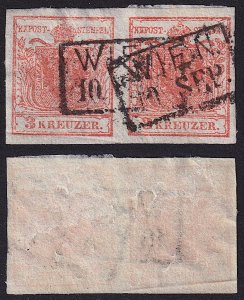 Austria - 1850 - Scott #3 - used pair - Type I - WIEN box pmk