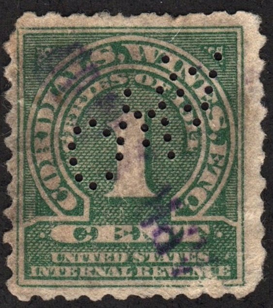 RE18 1¢ Cordials, Wines. Etc. Stamp (1914) Perfin