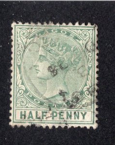 Lagos 1886 1/2p green Victoria, Scott 13 used, value = 95c