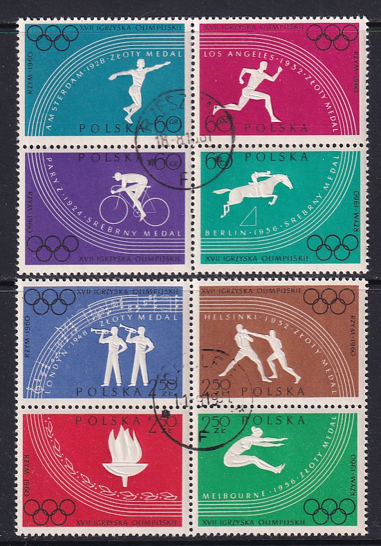 Poland  1960 Sc 917a, 921a Olympic Games Rome 2 Blocks of 4 Stamp CTO NH