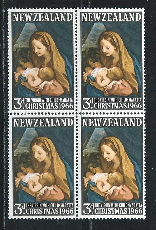 New Zealand 379 1966 Christmas single BLOCK of 4 MNH
