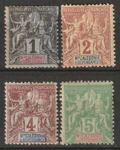 New Caledonia 1892 Sc 40-2,44 set low values MH* disturbed gum/toning