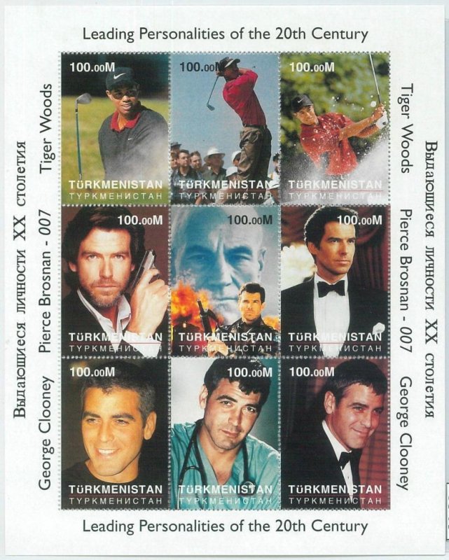 M1945 - TURKMENISTAN, MINIATURE SHEET: Tiger Woods, G. Clooney, Pierce Brosnan