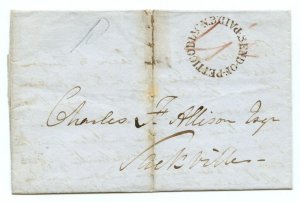 ?1849 BEND OF PETTICODIAC, N.B. double split ring PAID  stampless cover Canada