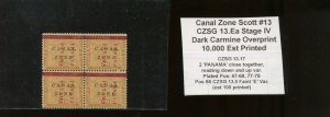 Canal Zone  13 Mint Block of 4 Stamps CZSG Var 13.5 FAINT 'E' VAR & 13.17 By 324