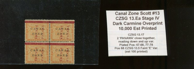 Canal Zone Scott 13 Mint Block of 4 Stamps CZSG Var 13.5 FAINT 'E' VAR & 13.17