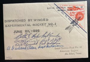 1936 McAllen TX USA First Flight Experi Rocket # 1 Mail cover To Reynosa Mexico