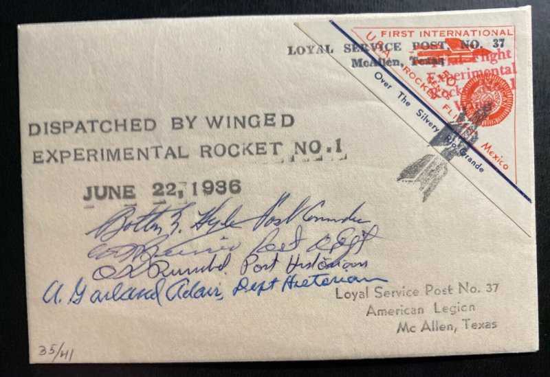 1936 McAllen TX USA First Flight Experi Rocket # 1 Mail cover To Reynosa Mexico