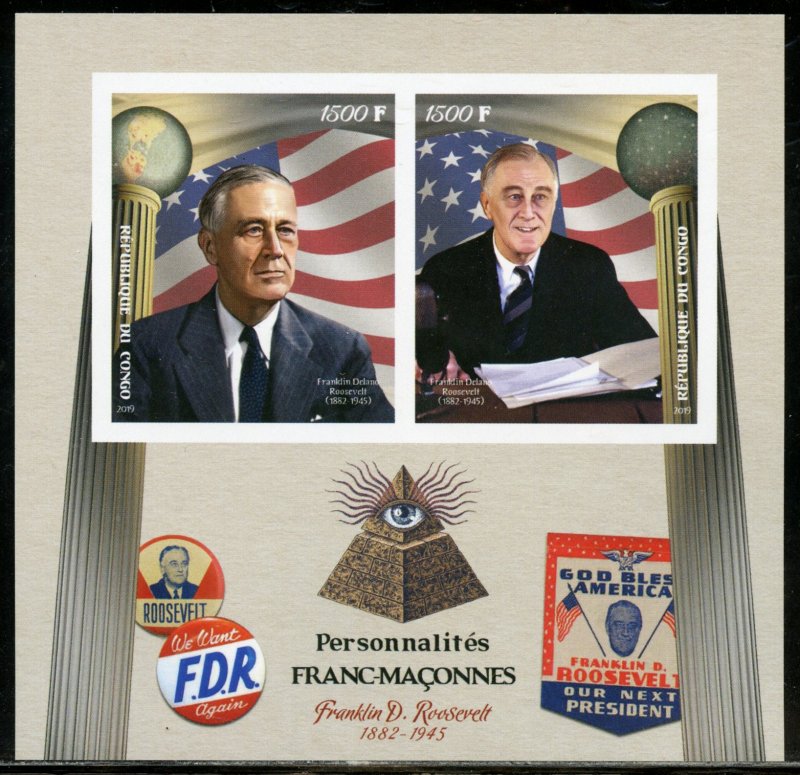 CONGO 2020 FREE MASONS FRANKLIN DELANO ROOSEVELT IMPERF SHEET MINT NEVER HINGED