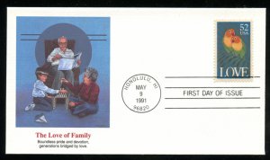 US 2537 Love Stamp 1991 52 cent Love Birds UA Fleetwood cachet FDC