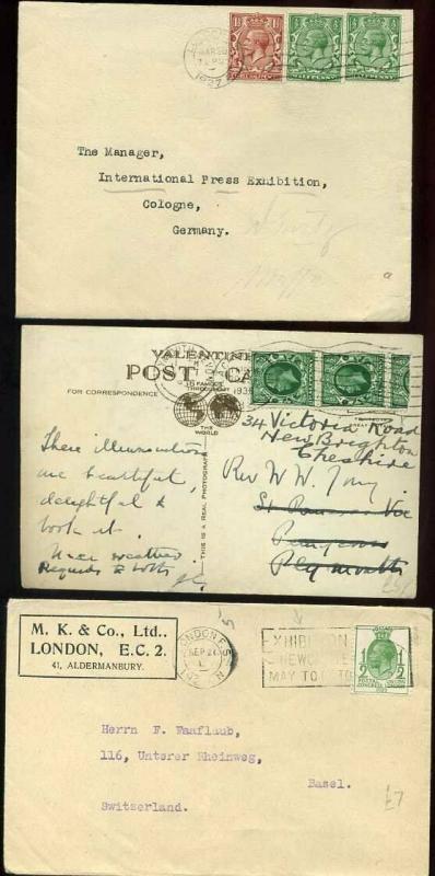 GB King George V x3 Covers including Exhibition Postmark