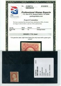 #10A 3c Washington Orange Brown 1851 with PSE cert - 1 line GREEN CNS - cv$385